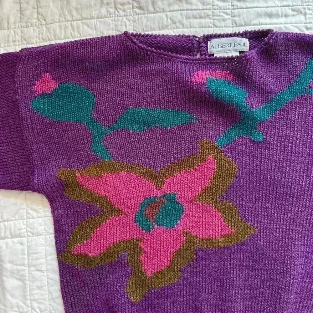Vintage Albert Paul floral knit sweater women’s large plum purple artsy‎ boho
